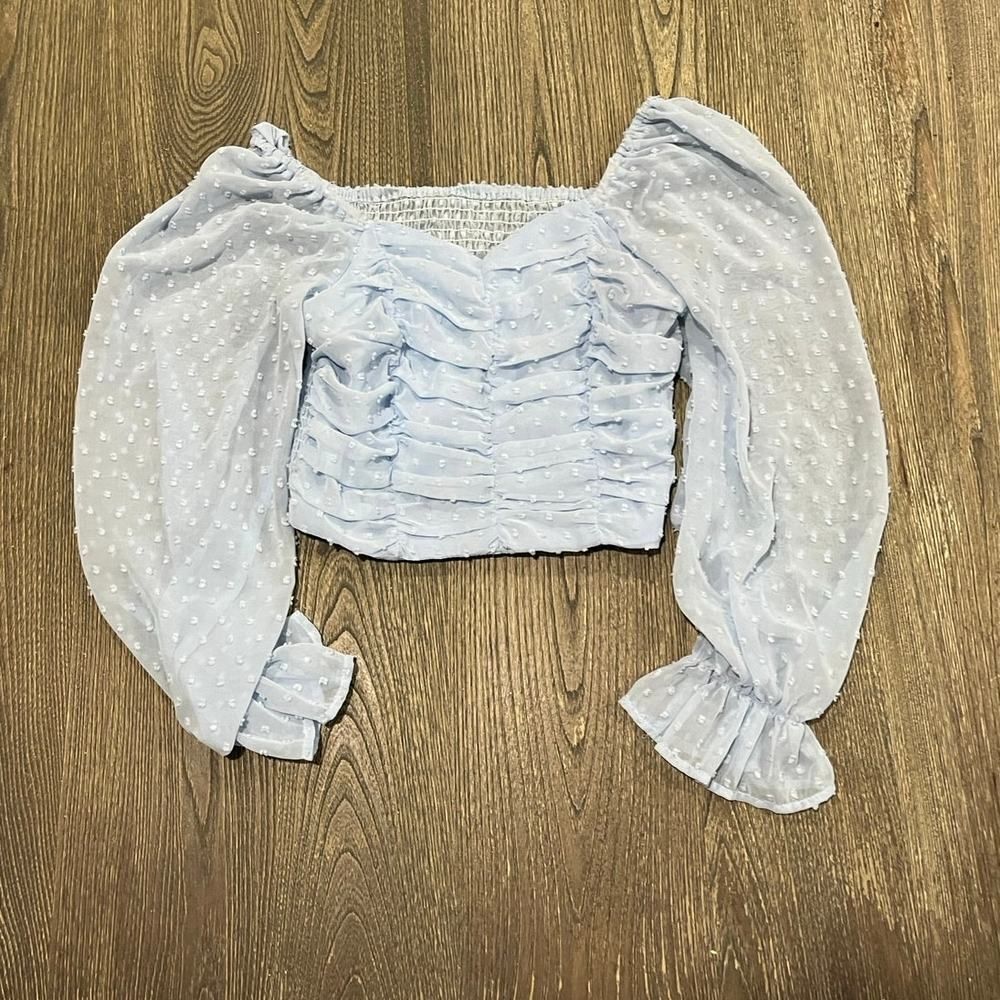 Womens Puffed Long Sleeves Crop Top Smocked Square Neck Pullover Sky Blue Size S
